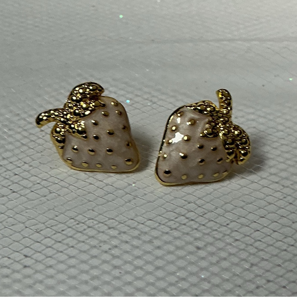 Strawberry Earrings Post Back Hand Painted White Enamel Hypoallergenic  GoldTone
